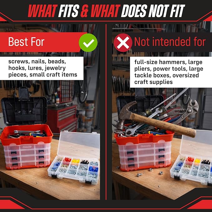 Small Parts Organizer Box - 11-Inch Portable Storage Case with 4 Removable Multi-Compartment Trays for Screws, Beads, Small Fishing Tackle, Hardware, and Craft Supplies by Stalwart (Red)