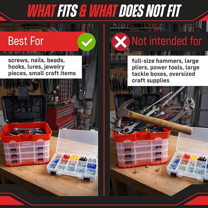 Small Parts Organizer Box - 11-Inch Portable Storage Case with 4 Removable Multi-Compartment Trays for Screws, Beads, Small Fishing Tackle, Hardware, and Craft Supplies by Stalwart (Red)