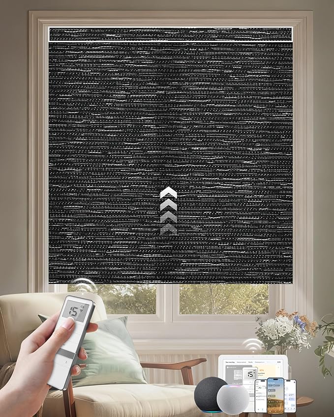 Kincmo Motorized Blinds with Remote, Light Filtering Roller Shades Work with Apple Homekit,Alexa,Google Home, Custom Electric Blinds with App,Voice Control (75% Blackout Aqua Waves Striped Black)