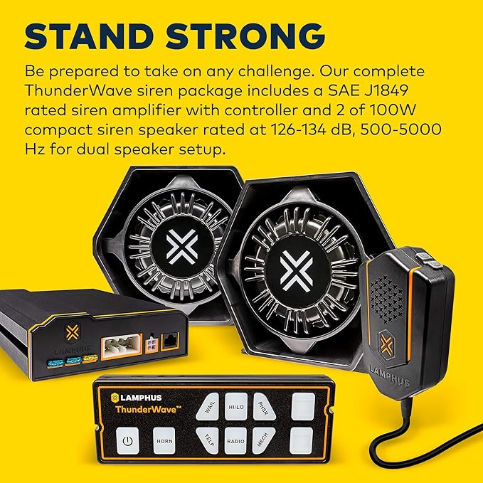 LAMPHUS ThunderWave 200W Emergency Police Siren Kit [Remote Controller][2x15A Switches][Hands-Free Air Horn][3.5mm Input][Radio Rebroadcast] Warning PA System for Emergency Vehicles Trucks UTV POV