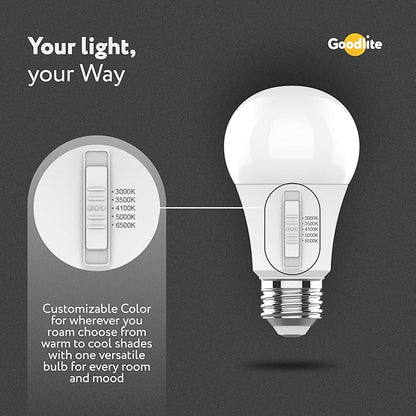 Goodlite A19 LED Bulb, 5 Color Selectable 3000K-3500K-4100K-5000K-6500K, 450 Lumens, 6W (40W Equivalent), High CRI, 5% Dimmable, UL Listed, Enclosed Fixtures & Damp Rated, 15,000 Hrs. 1ct (G-10880)