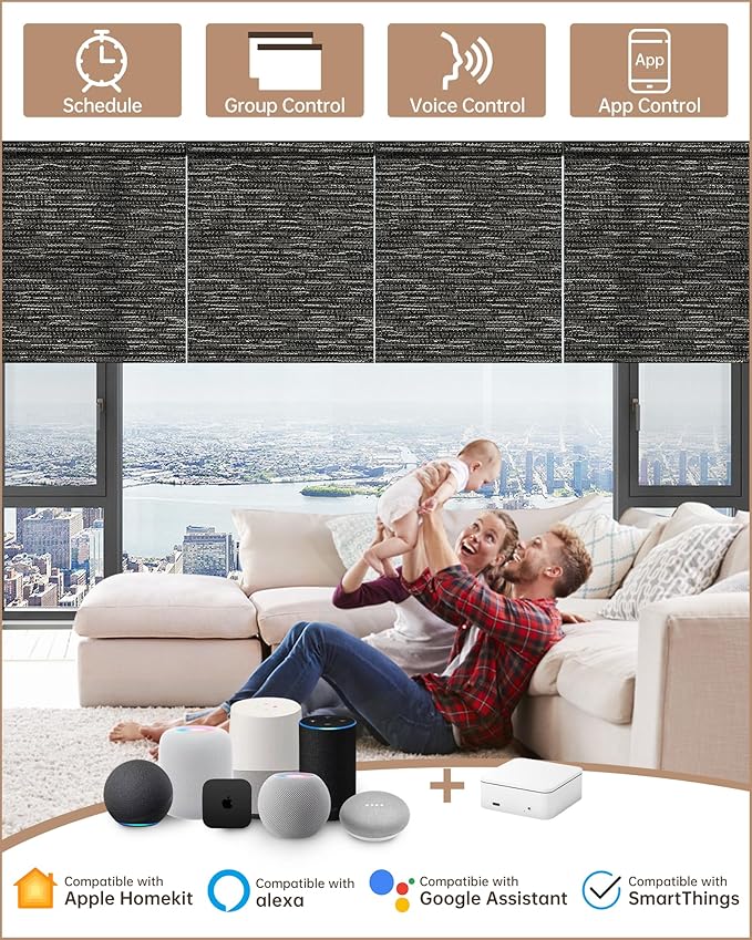 Kincmo Motorized Blinds with Remote, Light Filtering Roller Shades Work with Apple Homekit,Alexa,Google Home, Custom Electric Blinds with App,Voice Control (75% Blackout Aqua Waves Striped Brown)