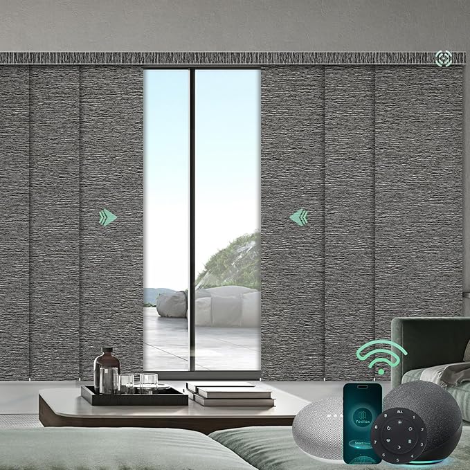 Yoolax Custom XL Smart Sliding Door Blinds, Motorized Sliding Panel Blinds Compatible with Alexa, Fabric Blackout Vertical Rechargeable Battery Shades for Glass Doors(Rock Stripe Black)