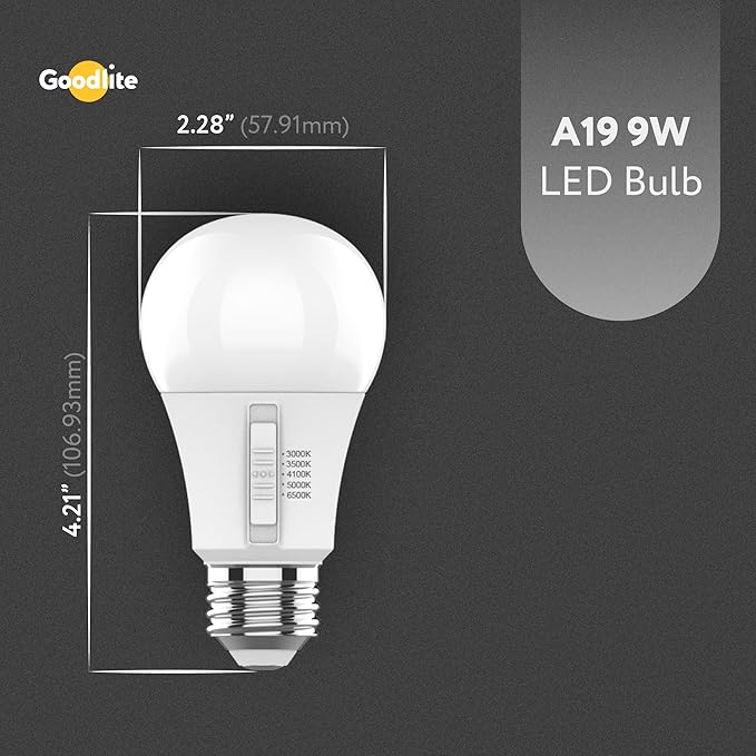 Goodlite A19 LED Bulb, 5 Color Selectable 3000K-3500K-4100K-5000K-6500K, 800 Lumens, 9W (60W Equivalent), High CRI, 5% Dimmable, UL Listed, Enclosed Fixtures & Damp Rated, 15,000 Hrs. 50pk (G-10881)