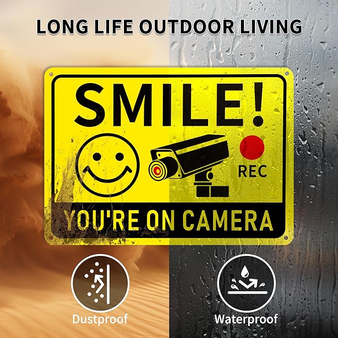 2 Pack Smile You're on Camera Signs – Video Surveillance Signs Outdoor, 10"x7" Rust-Free Aluminum Warning Sign, UV Printed Weatherproof Security Camera Sign for Home, Business, Fence, Driveway, CCTV