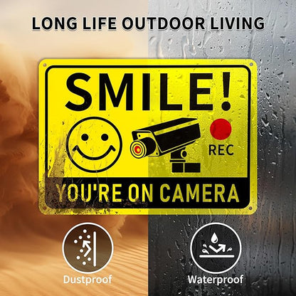 2 Pack Smile You're on Camera Signs – Video Surveillance Signs Outdoor, 10"x7" Rust-Free Aluminum Warning Sign, UV Printed Weatherproof Security Camera Sign for Home, Business, Fence, Driveway, CCTV