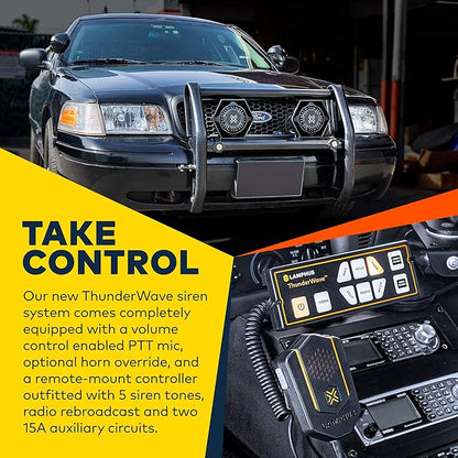 LAMPHUS ThunderWave 200W Emergency Police Siren Kit [Remote Controller][2x15A Switches][Hands-Free Air Horn][3.5mm Input][Radio Rebroadcast] Warning PA System for Emergency Vehicles Trucks UTV POV