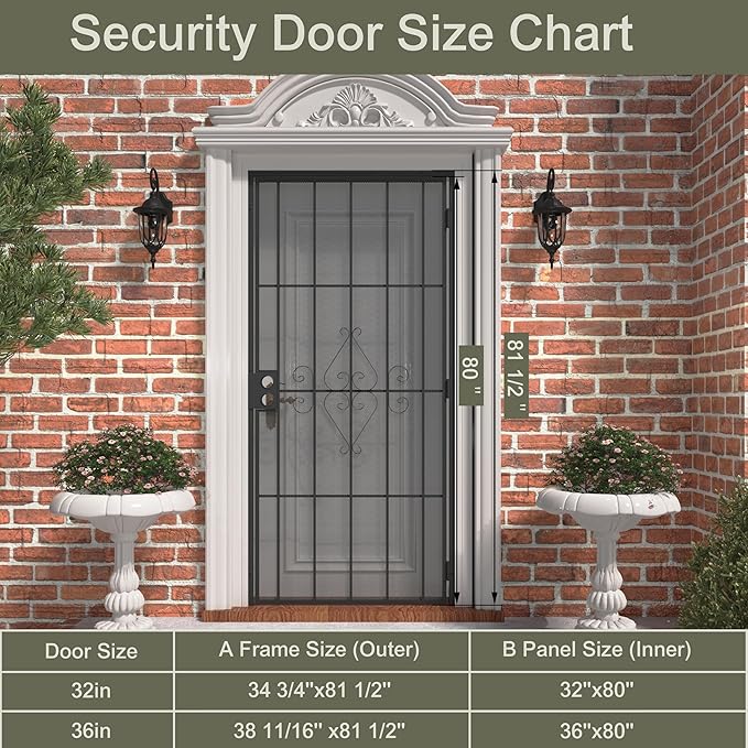 JUBEST 36 in. x 80 in. Security Screen Door, Reversible Powder Coated Black Surface Mount Outswing Steel Security Door with Expanded Metal Screen, Prehung Steel Exterior Doors, Durable&Safe