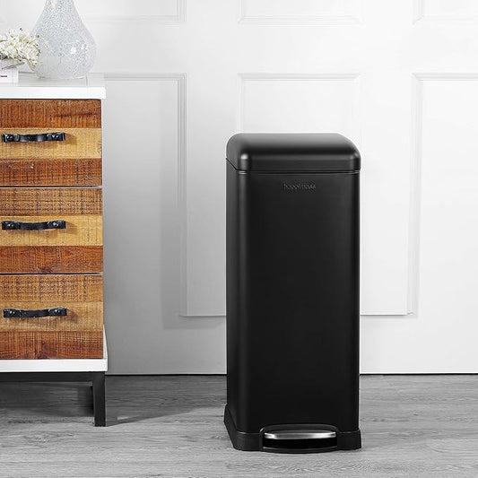 happimess HPM1007B Betty Retro 8-Gallon Step-Open Trash Can with Soft-Close Lid, Fingerprint Resistant, Modern, Minimalistic for Home, Kitchen, Laundry Room, Office, Bedroom, Bathroom, Black