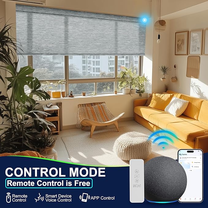 BERISSA Motorized Blinds with Remote,Light Filtering Smart Blinds for Windows,Jacquard Fabric,Remote Control,Thermal Insulated Automatic Blinds,Electric Blinds with USB/Solar Pannel.Grey