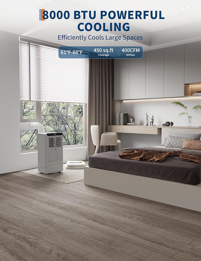GarveeLife Portable Air Conditioners, 8,000 BTU for Rooms up to 350 Sq.Ft., Smart Compact AC Unit with Cooling, Dehumidifier, Fan, Remote Control and Window Kit, Gray