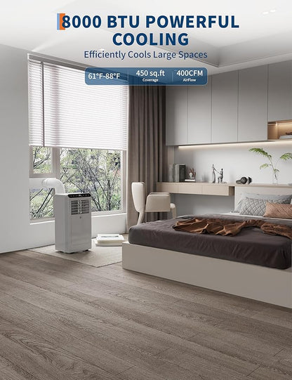 GarveeLife Portable Air Conditioners, 8,000 BTU for Rooms up to 350 Sq.Ft., Smart Compact AC Unit with Cooling, Dehumidifier, Fan, Remote Control and Window Kit, Gray