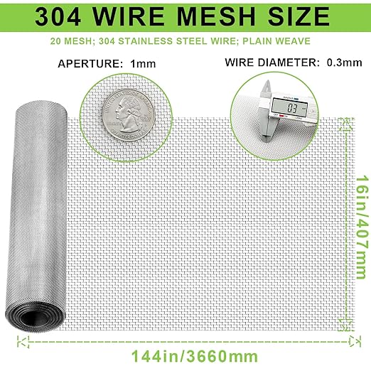 1 Roll 20 Mesh Metal Mesh Screen - Wire Mesh Roll, 16" X144" (16" X12Ft).Sturdy, Thick,and Heavy Duty Rustproof Metal Mesh for Security Fencing, Vent Covers, Animal Enclosures, HVAC, DIY Projects
