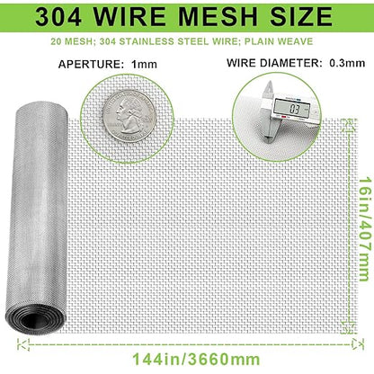 1 Roll 20 Mesh Metal Mesh Screen - Wire Mesh Roll, 16" X144" (16" X12Ft).Sturdy, Thick,and Heavy Duty Rustproof Metal Mesh for Security Fencing, Vent Covers, Animal Enclosures, HVAC, DIY Projects