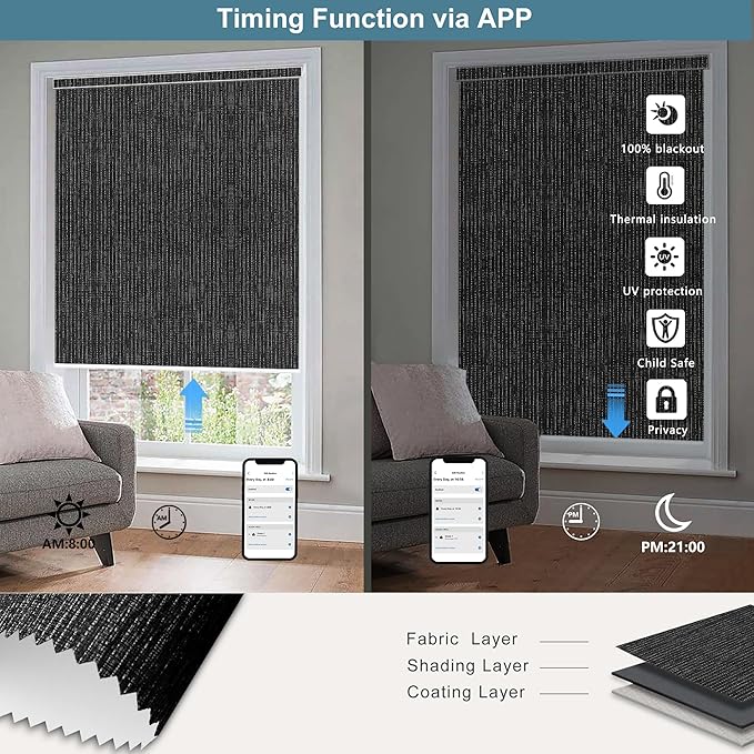 Bringnox Motorized Blinds with Remote,100% Blackout Smart Roller Blinds Compatible with Apple Homekit Google Home and Alexa Via HUB,and Customized (Grain Flint-27)