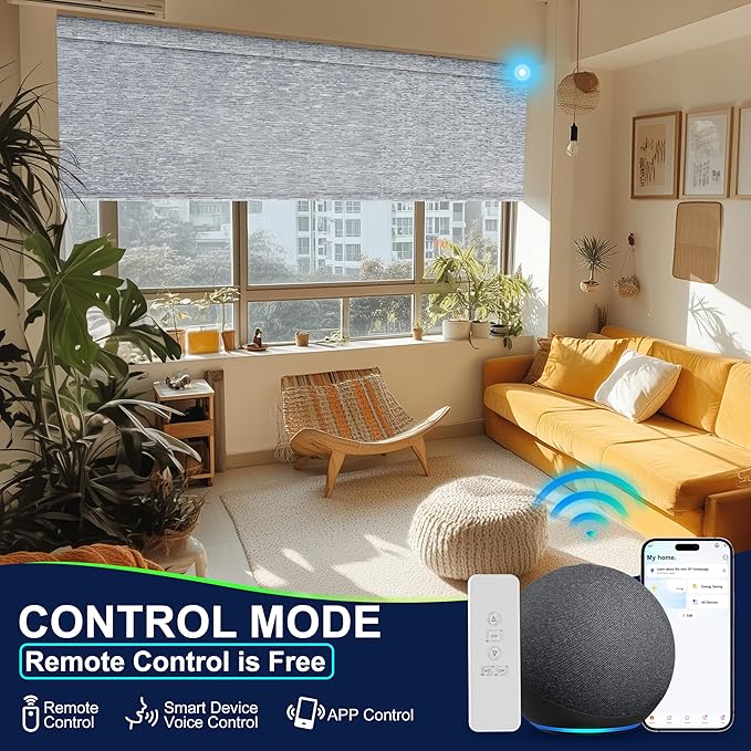 BERISSA Motorized Blinds, Blackout Smart Blinds, Jacquard Fabric, Remote Control, Thermal Insulated, UV Protection, Alexa & Google Home Compatible, Custom Size, Maze Grey