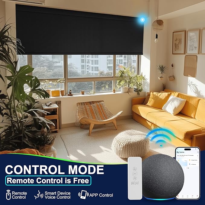 BERISSA Motorized Blinds with Remote,Blackout Smart Blinds for Windows,Linen Fabric,Remote Control,Thermal Insulated Automatic Blinds,Electric Blinds with USB/Solar Pannel.Linen Black