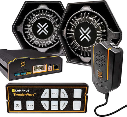 LAMPHUS ThunderWave 200W Emergency Police Siren Kit [Remote Controller][2x15A Switches][Hands-Free Air Horn][3.5mm Input][Radio Rebroadcast] Warning PA System for Emergency Vehicles Trucks UTV POV