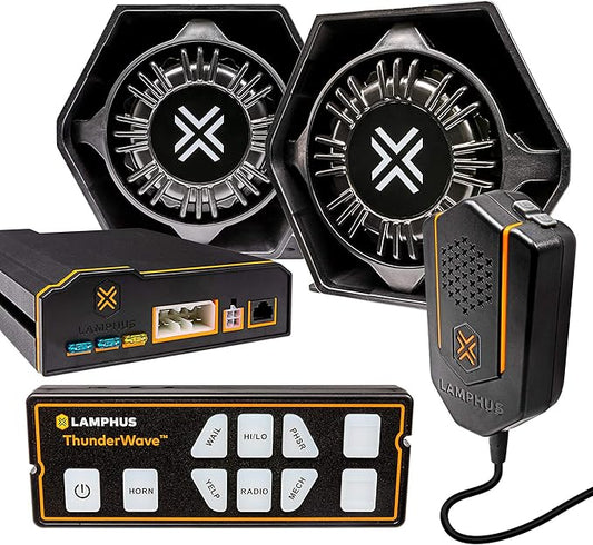 LAMPHUS ThunderWave 200W Emergency Police Siren Kit [Remote Controller][2x15A Switches][Hands-Free Air Horn][3.5mm Input][Radio Rebroadcast] Warning PA System for Emergency Vehicles Trucks UTV POV