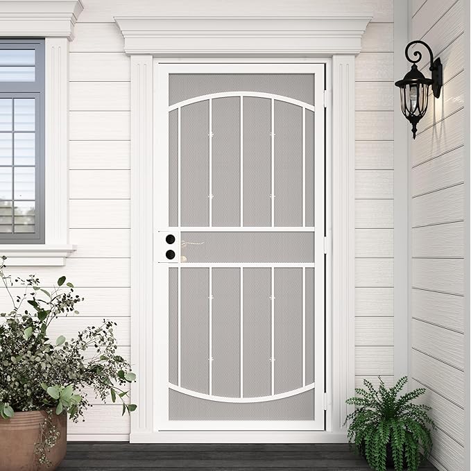 JUBEST 36" x 80" Steel Security Door, Universal/Reversible Outswing Security Screen Door, White Powder-Coated Surface Mount Frame with Expanded Metal Screen, Rust-Resistant, No Handles Included