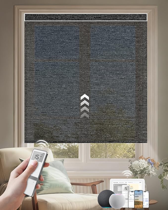 Kincmo Motorized Blinds with Remote, Light Filtering Roller Shades Work with Apple Homekit,Alexa,Google Home, Custom Electric Blinds with App,Voice Control (60% Blackout Atlantic Black)