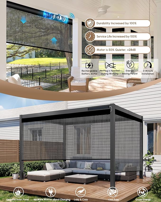 Kincmo Motorized Outdoor Shades for Patio Porch, Custom Outdoor Motorized Blinds with Remote, Waterproof & Windproof Patio Shades Work with Apple Homekit,Alexa,Google (5% Openness Texture Medium Grey)