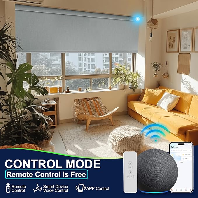 BERISSA Motorized Blinds with Remote,Blackout Smart Blinds for Windows,Linen Fabric,Remote Control,Thermal Insulated Automatic Blinds,Electric Blinds with USB/Solar Pannel.Light Grey