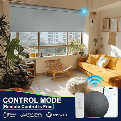 BERISSA Motorized Blinds with Remote,Blackout Smart Blinds for Windows,Linen Fabric,Remote Control,Thermal Insulated Automatic Blinds,Electric Blinds with USB/Solar Pannel.Light Grey