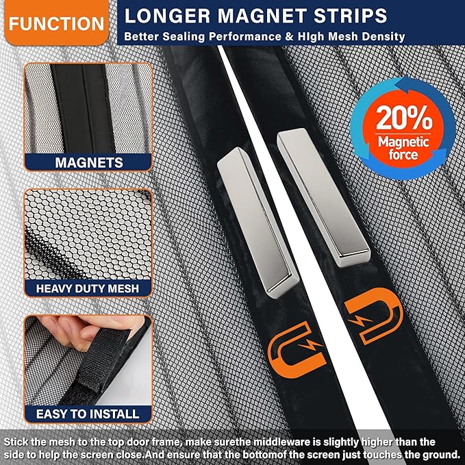 Magnetic Screen Door,Screen Door Mesh,Keep Bugs Out, Easy Install Works with Front Doors, Sliding Doors,Fit Door Size 72 x 80 Inches Black