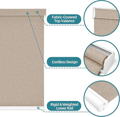 Changshade Custom Size Cordless Roller Shades with Valance, Blackout Roller Shades for Windows Roll-up Fabric Blinds with Thermal Insulated for French Door, Easy Installation Khaki Brown