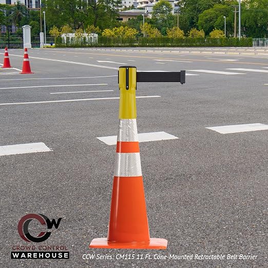 Trafford Industrial 11 ft Cone-Mounted Retractable Belt Barrier Red Case with Yellow with"Danger - Keep Out" Black Letters Belt