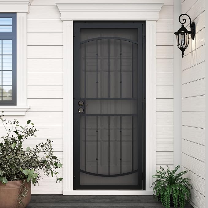 JUBEST 32" x 80" Steel Security Door, Universal/Reversible Outswing Security Screen Door, Black Powder-Coated Surface Mount Frame with Expanded Metal Screen, Rust-Resistant, No Handles Included