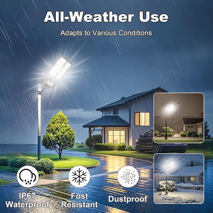 Solar Street Light with Pole, Solar Street Lights Outdoor Waterproof Dusk to Dawn 7000K LED Security Flood Light with Motion Sensor and Remote Control for Pathway, Entryway & Yard