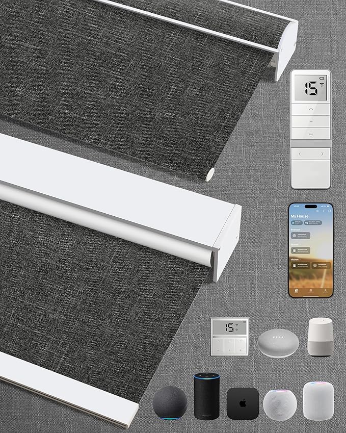 Motorized Blinds with Remote: Kincmo 100% Blackout Roller Shades Work with Apple Homekit,Alexa,Google Home, Customized Electric Blinds with App,Voice Control (100% Blackout Meridian Midnight)
