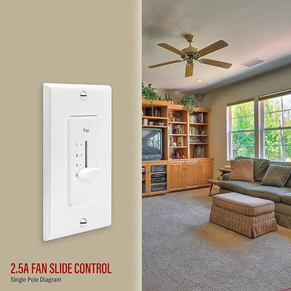ENERLITES 3 Speed Decora in Wall Ceiling Fan Control, Slide Switch, 120VAC, 2.5A, Single-Pole, Neutral Wire NOT Required, 17000-F3-W2P, White, 2 Pack