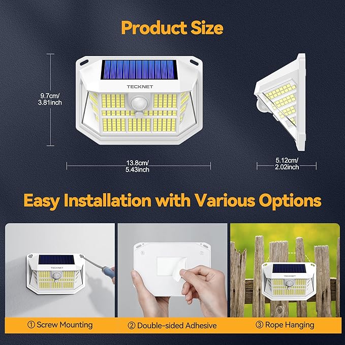 TECKNET 231 LED Solar Motion Lights Outdoor, 300° Angle & 3 Lighting Modes, PIR Motion Sensor & IP65 Security Solar Wall Lights for Fence Front Door Yard Deck Garden Garage(4 Pack)