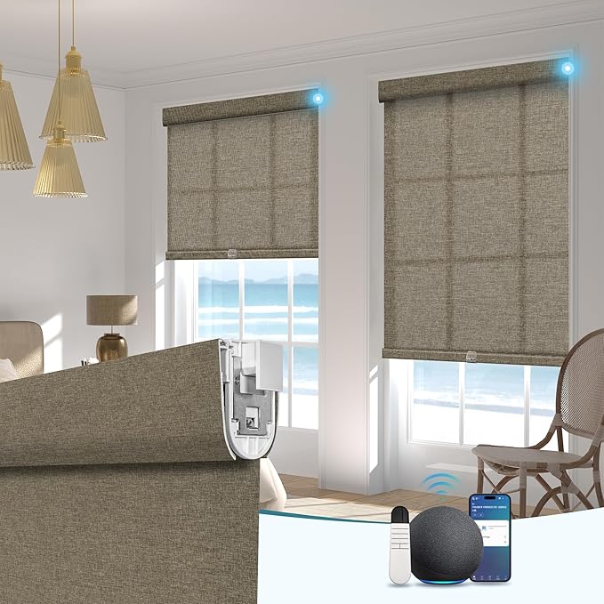 BERISSA Smart Motorized Blinds with Remote,No Drill Automatic Roller Blinds for Indoor Windows,Light Filtering Linen Fabric,Electric Shades for Windows Home Office,Filter Linen Brown,Custom Size