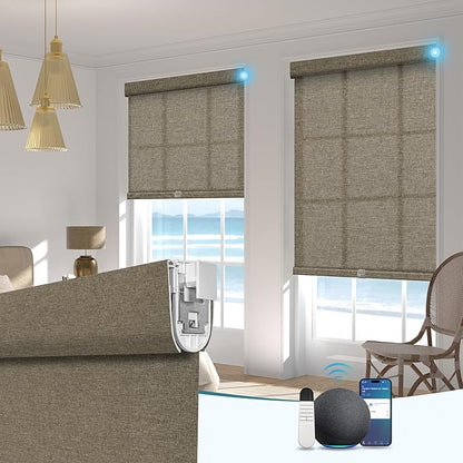 BERISSA Smart Motorized Blinds with Remote,No Drill Automatic Roller Blinds for Indoor Windows,Light Filtering Linen Fabric,Electric Shades for Windows Home Office,Filter Linen Brown,Custom Size