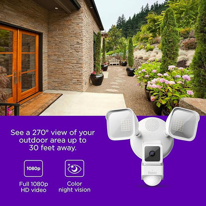 Roku Floodlight Camera for Home Security, Wired Outdoor Security Camera with 270° 1080p HD Night Vision, Dimmable Floodlights, Motion & Sound Detection, Remote Monitoring, 90-Day Subscription Included