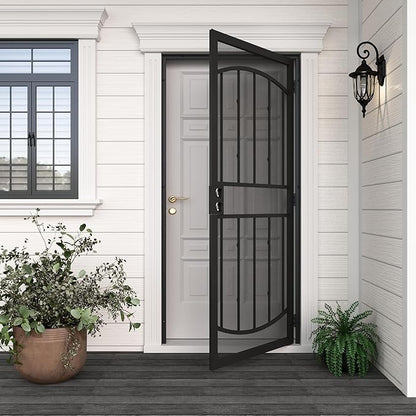 JUBEST 32" x 80" Steel Security Door, Universal/Reversible Outswing Security Screen Door, Black Powder-Coated Surface Mount Frame with Expanded Metal Screen, Rust-Resistant, No Handles Included
