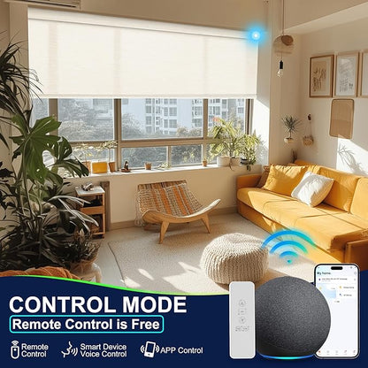 BERISSA Motorized Blinds with Remote,Light Filtering Smart Blinds for Windows,Jacquard Fabric,Remote Control,Thermal Insulated Automatic Blinds,Electric Blinds with USB/Solar Pannel.Beige