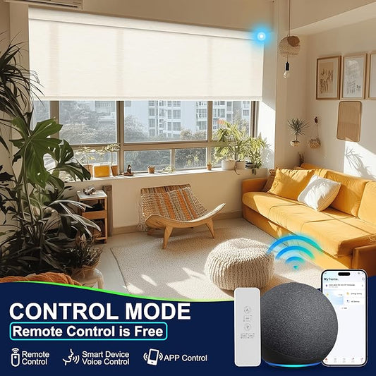 BERISSA Motorized Blinds with Remote,Light Filtering Smart Blinds for Windows,Jacquard Fabric,Remote Control,Thermal Insulated Automatic Blinds,Electric Blinds with USB/Solar Pannel.Beige