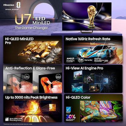 Hisense 55" U7 Mini-LED ULED 4K UHD Best Premium Gaming Google Smart TV (55U7SG, 2026 NEW) - Hi-QLED, Native 165Hz, VRR 330, HDR10+, Dolby Vision IQ·Atmos, IMAX Enhanced, Anti-Reflection, 2.1.2 Ch