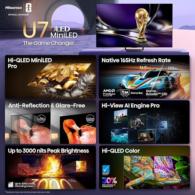 Hisense 75" U7 Mini-LED ULED 4K UHD Best Premium Gaming Smart Google TV (75U7SG, 2026 NEW) - Hi-QLED, Native 165Hz, VRR 330, HDR10+, Dolby Vision IQ·Atmos, IMAX Enhanced, Anti-Reflection, 2.1.2 Ch