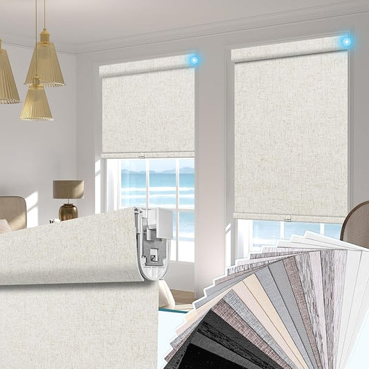 BERISSA Motorized Blinds with Remote,No Drill Dual-Control(Manual + Remote) Automatic Roller Blinds for Indoor Windows,Linen Fabric,Electric Shades for Windows Home Office,Custom Color,Custom Size
