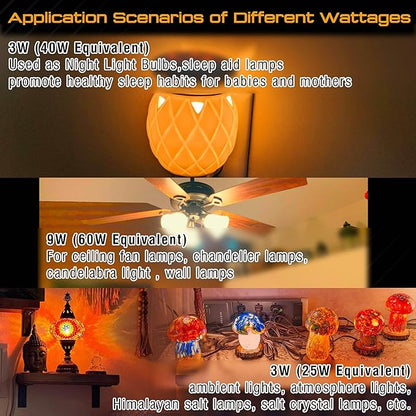 E12 Small Candelabra Base Amber Sleep Light Bulbs, 1800K Warm Amber Bulb 25-40W Equivalent, Blue Light Blocking, 3W Dim Night Light Bulbs for Healthy Sleep, Bedroom Kids Room, Non-Dimmable, 4 Pack