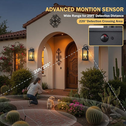 20 Inch Large Motion Sensor Outdoor Lights, Matte Black Dusk to Dawn Outdoor Wall Lights with Water Glass, 3 Lighting Modes Porch Lights Outdoor Light Fixture, Waterproof Outdoor Lights for House