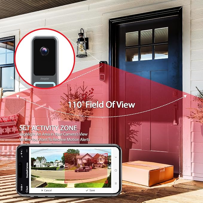 Energizer Smart Doorbell & Chime, Wired 1080p Video Doorbell Security Camera, 2-Way Audio, Night Vision, Cloud & Card Storage, Works with Alexa & Google Home, Motion Sensor, Requires Existing Wires