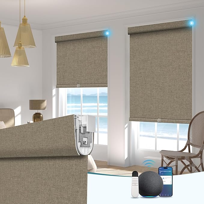 BERISSA Smart Motorized Blinds with Remote,No Drill Automatic Roller Blinds for Indoor Windows,Blackout Linen Fabric,Electric Shades for Windows Home Office,Linen Brown,Custom Size