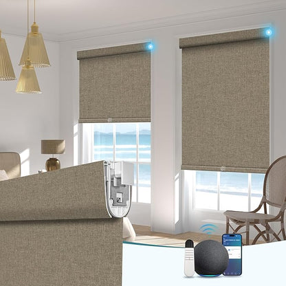 BERISSA Smart Motorized Blinds with Remote,No Drill Automatic Roller Blinds for Indoor Windows,Blackout Linen Fabric,Electric Shades for Windows Home Office,Linen Brown,Custom Size